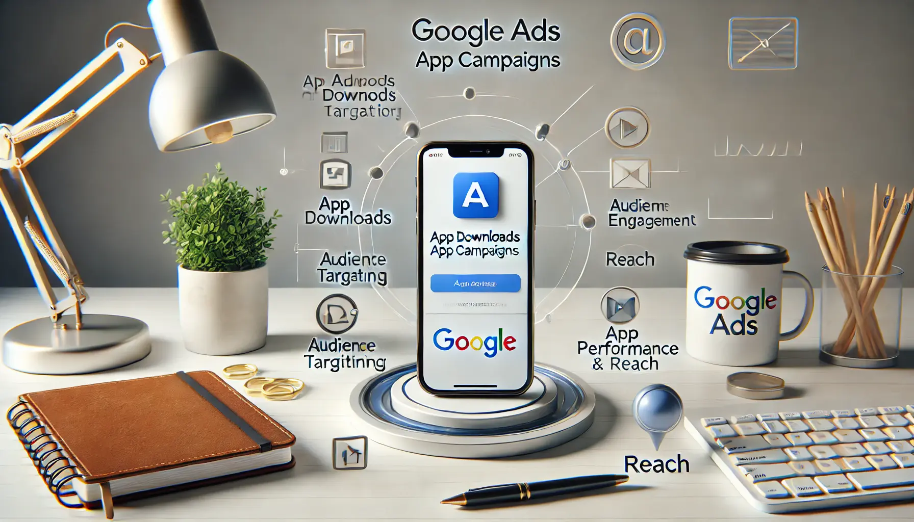 A smartphone displaying an app installation page, surrounded by digital icons symbolizing app downloads and mobile engagement.