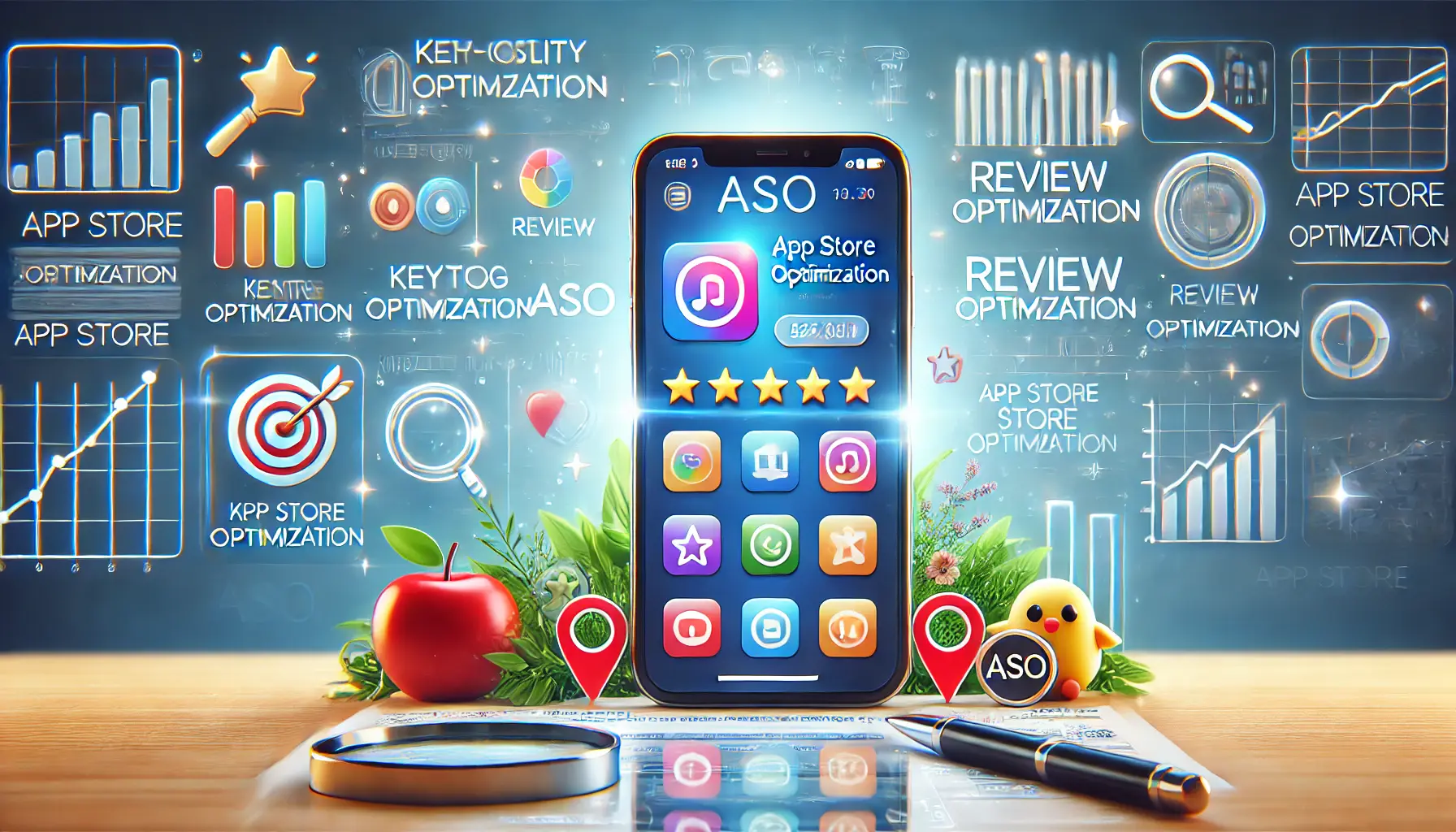 A digital concept showing a smartphone displaying an app store page with app icons, positive reviews, and digital elements like graphs and keywords representing ASO strategies.