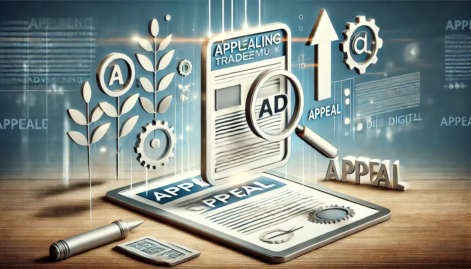 An abstract illustration showing a digital ad being reviewed with a magnifying glass and an upward arrow symbolizing the appeal process.