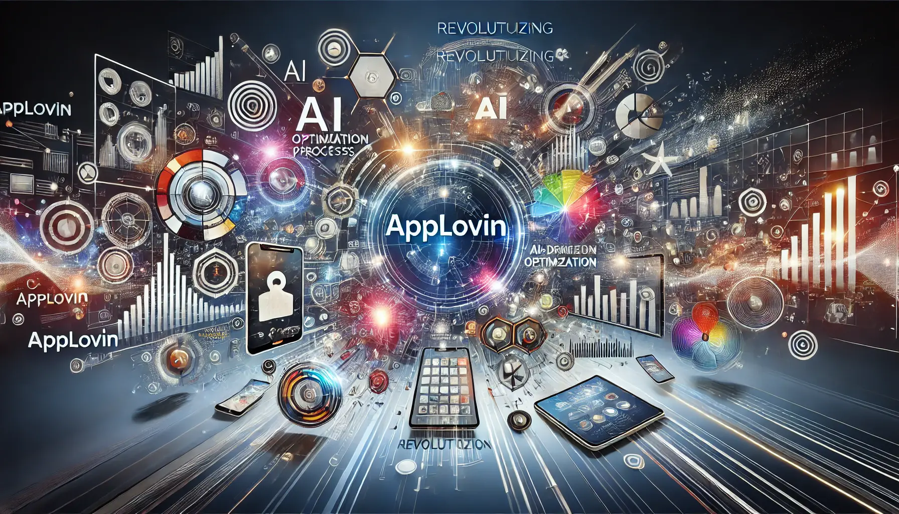 Illustration depicting AppLovin's revolutionizing impact on mobile advertising, with elements like mobile devices, digital ads, and AI optimization.