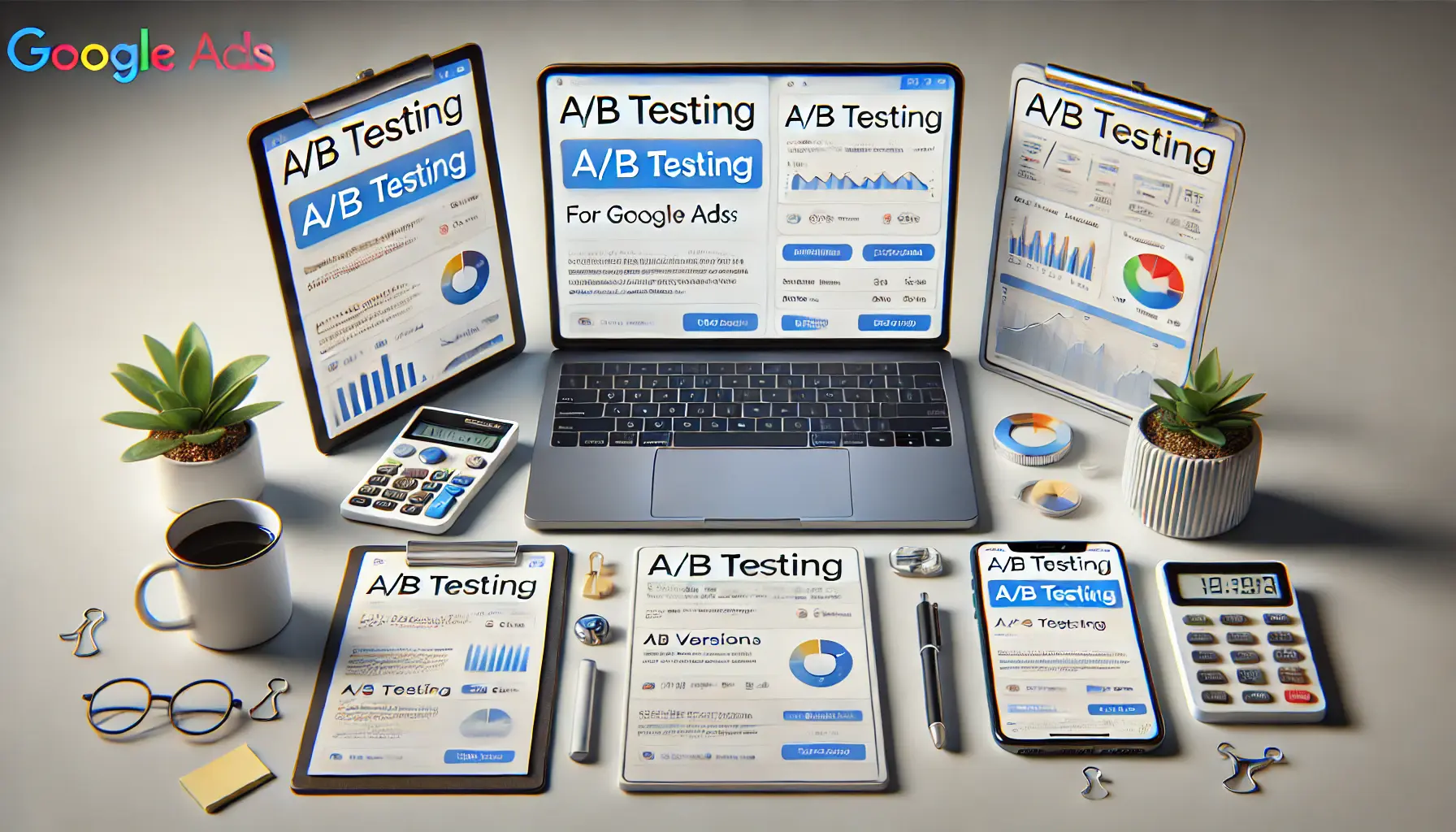 A laptop displaying two versions of an ad campaign side by side for A/B testing, surrounded by a tablet, smartphone, and notepad with testing notes in a clean and organized workspace.