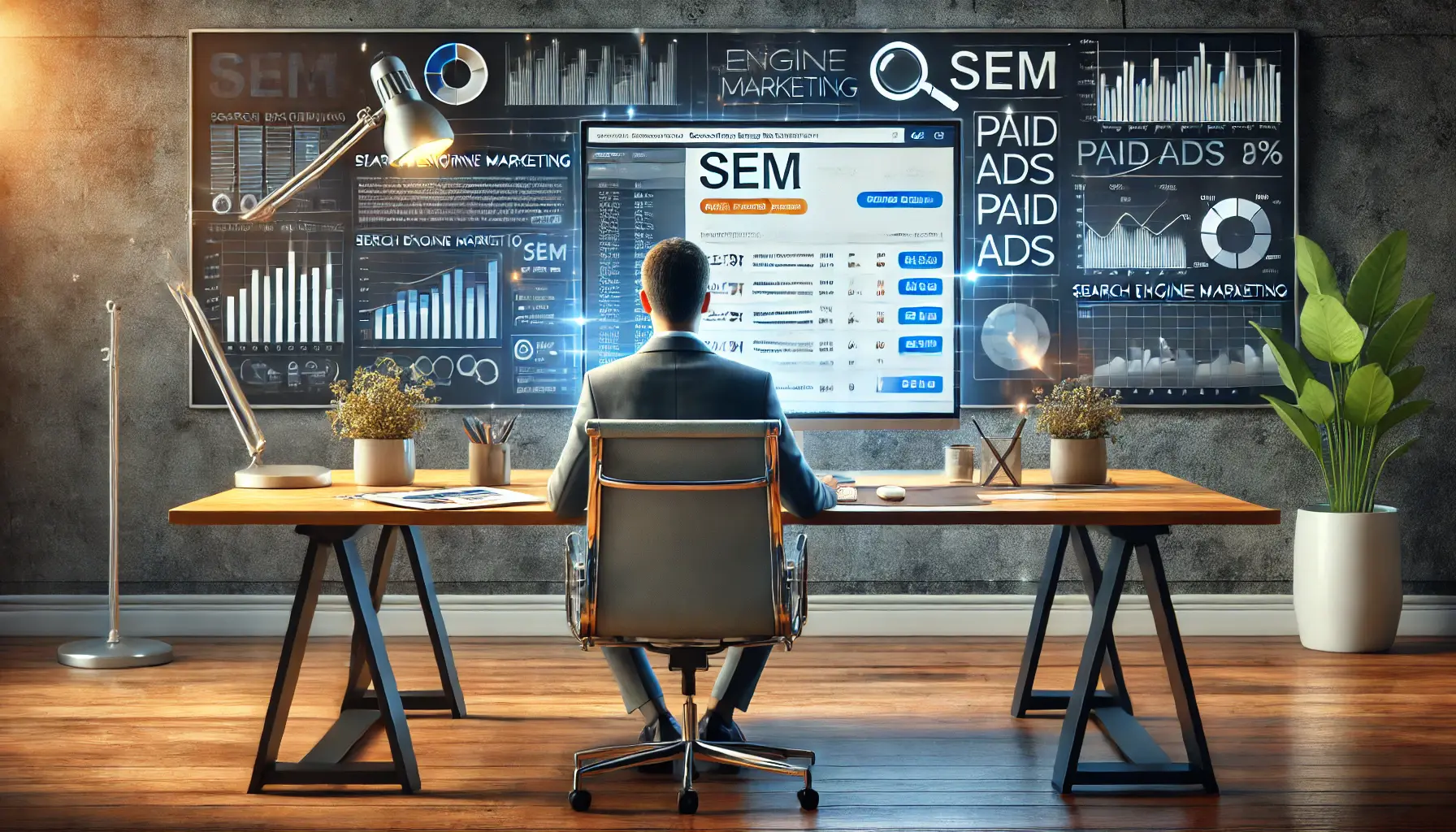 A digital marketer analyzing SEM campaign performance on a computer screen displaying search engine results and metrics.