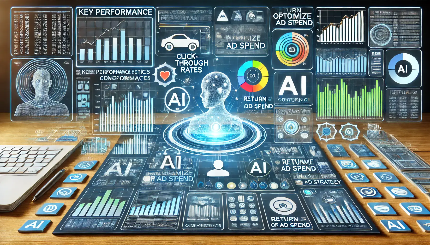 Digital dashboard displaying AI-driven metrics like click-through rates and return on ad spend to optimize advertising strategy.