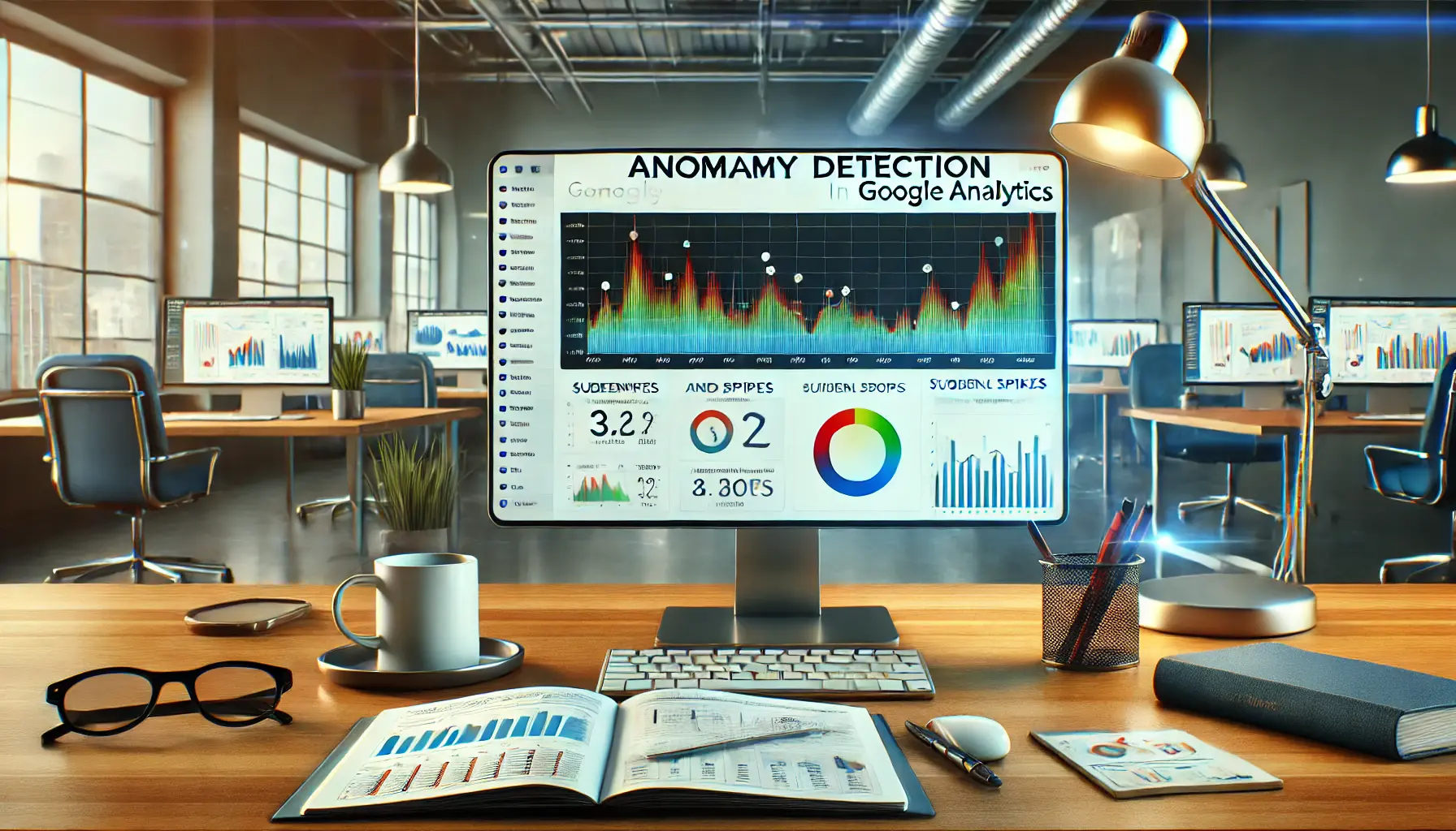 A workspace showcasing a computer screen with anomaly detection graphs in Google Analytics, highlighting spikes and drops.