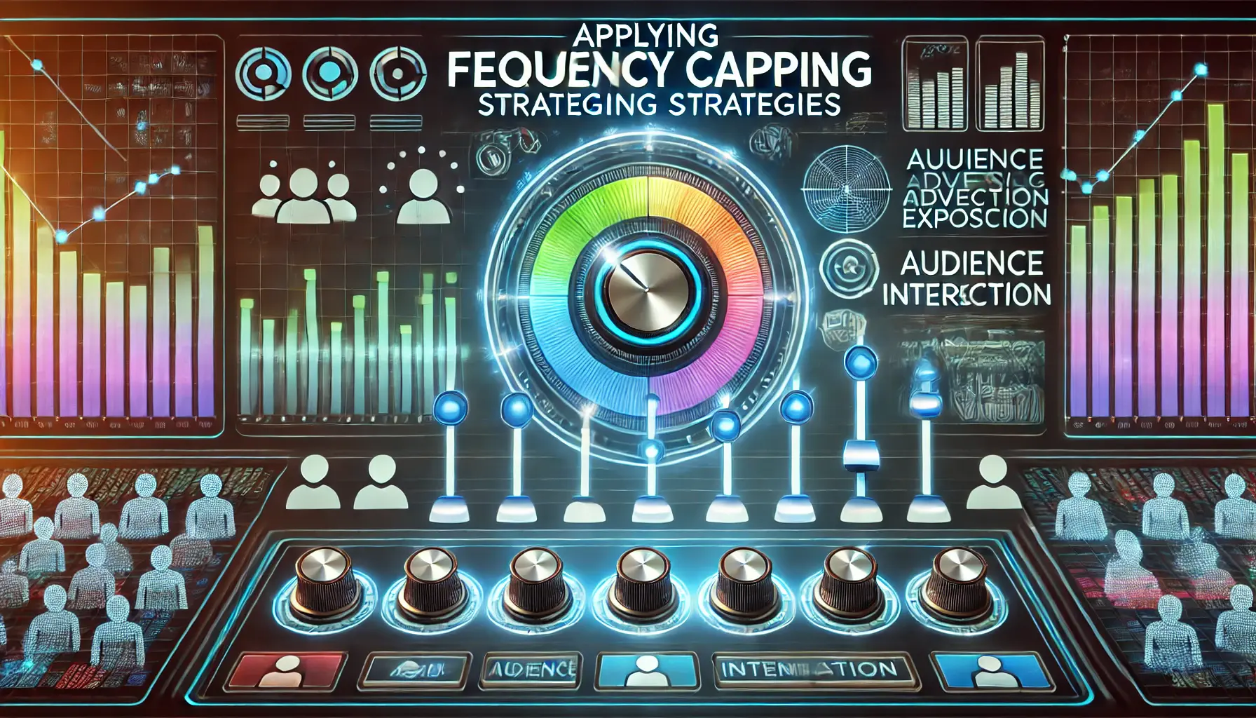 Abstract image of a futuristic control dashboard with sliders and graphs representing frequency capping in digital advertising.