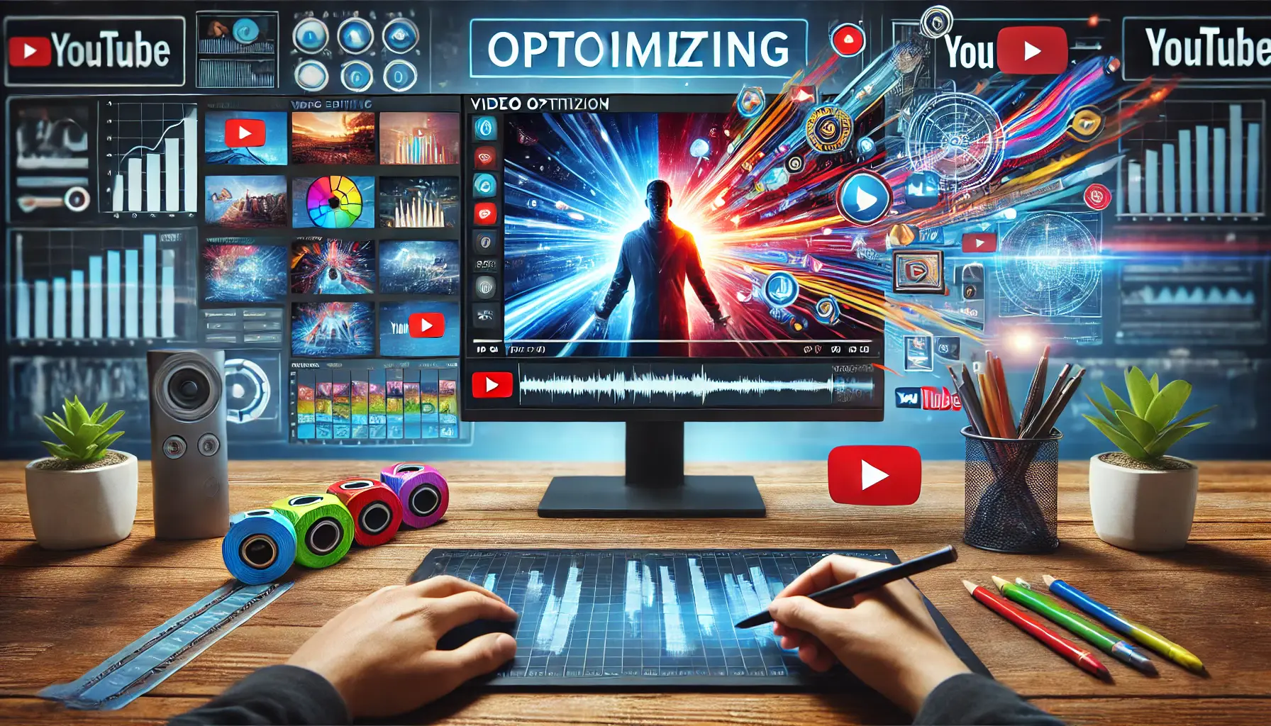 A visual representation of video content and format optimization, featuring a video editing timeline with thumbnails and a playback scene showing animated and live-action elements.