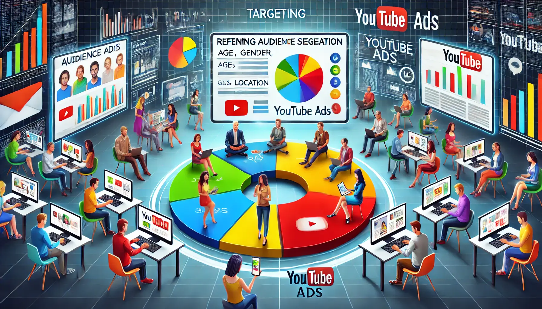 A visual representation of refining targeting and audience segmentation for YouTube ads, showing diverse audience segments with a demographic chart and personalized ad experiences.