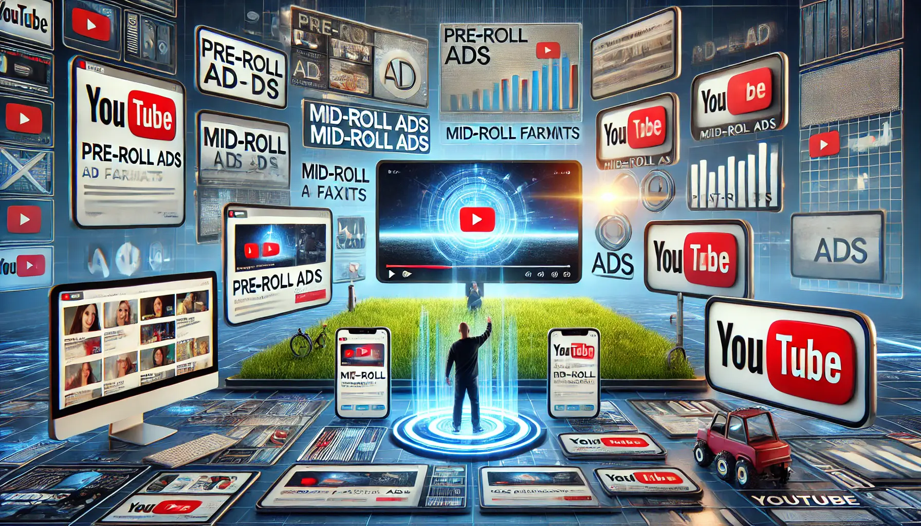 A visual representation of experimenting with ad placements and formats for YouTube ads, showing different ad types like pre-roll, mid-roll, and post-roll on various devices.