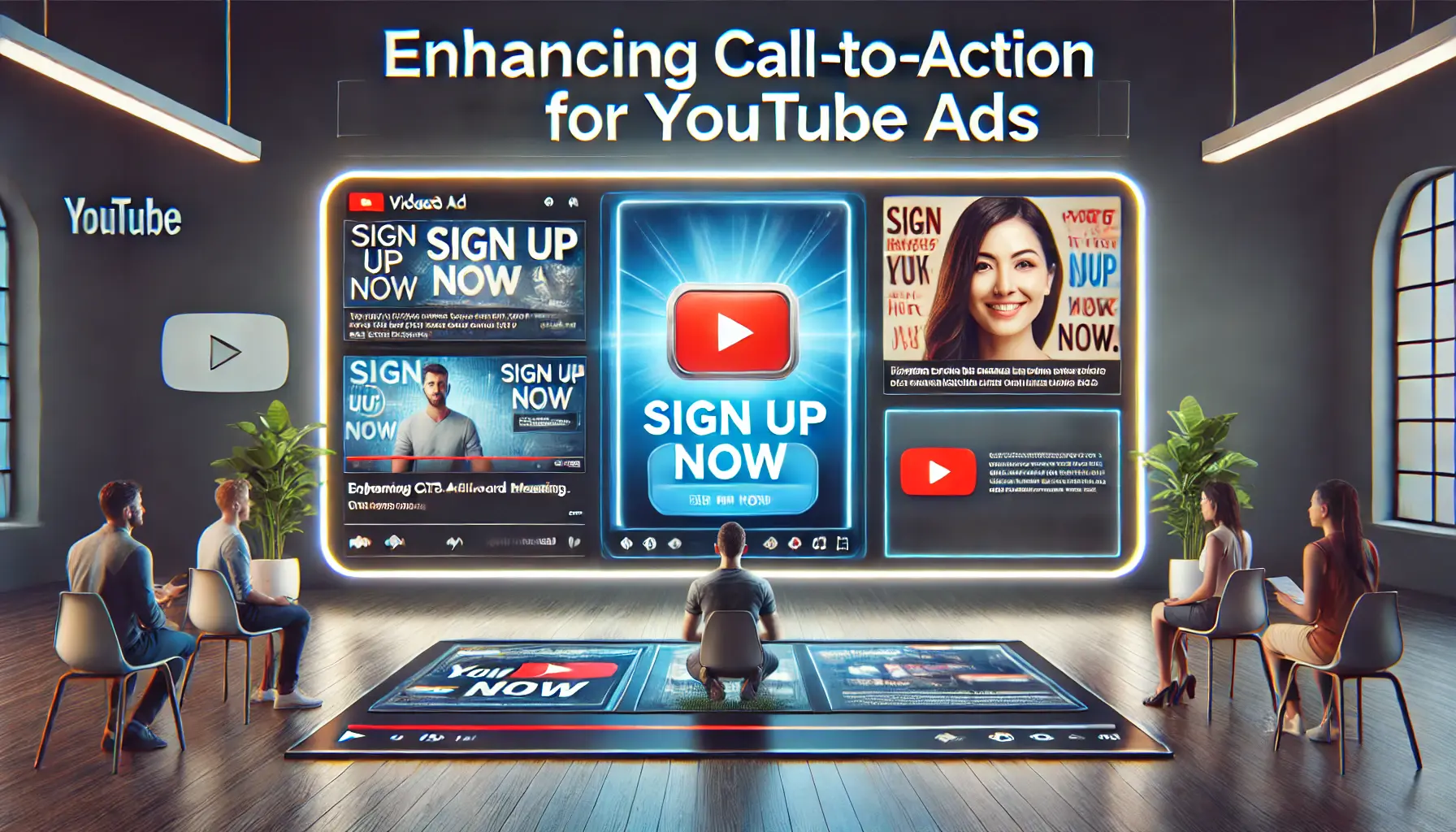 A visual representation of enhancing Call-to-Action (CTA) and messaging in YouTube ads, showing an eye-catching CTA button and a compelling message.