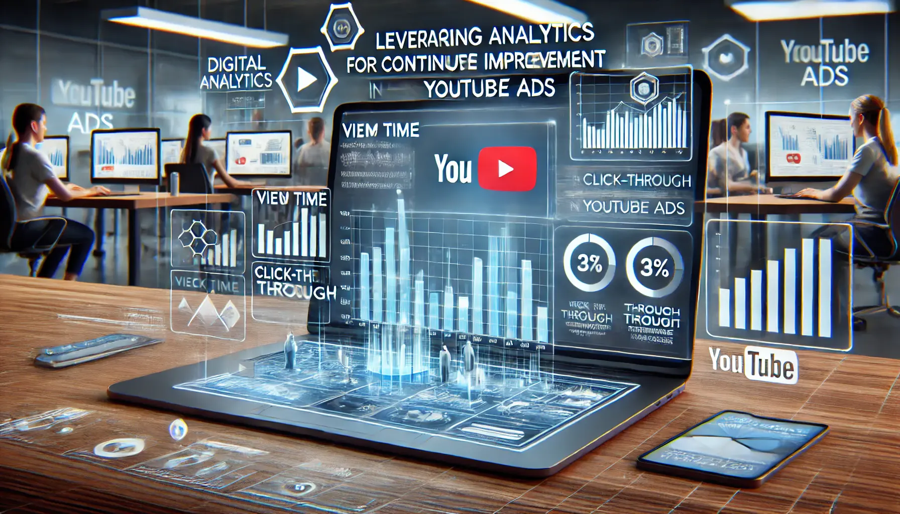 A visual representation of leveraging analytics for continuous improvement in YouTube ads, showing a digital analytics dashboard and a marketer reviewing performance metrics.