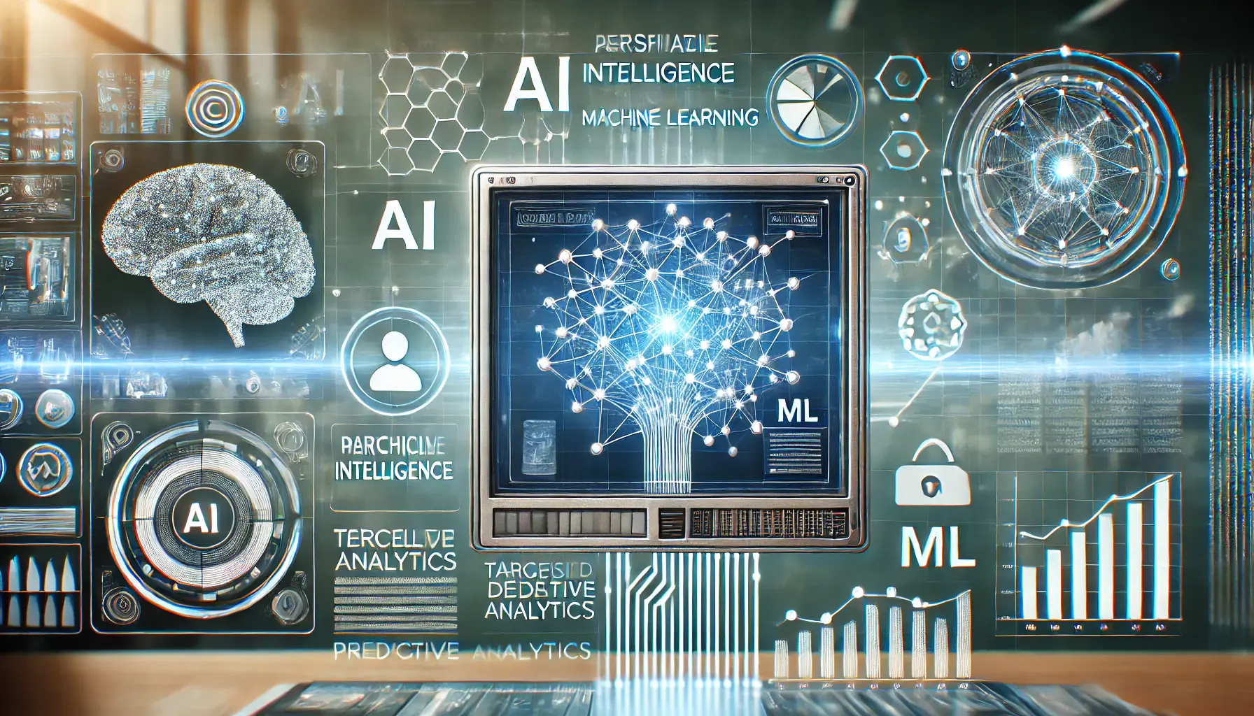 A digital concept showing a network of interconnected nodes and data points representing AI and machine learning algorithms, with personalized ad content displayed on a digital screen.