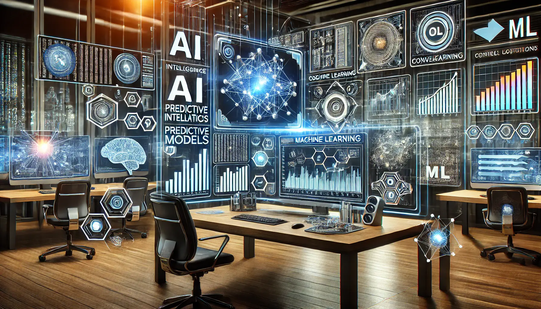 An image showing a high-tech workspace with multiple screens displaying AI-driven analytics, predictive models, and machine learning algorithms in digital advertising.