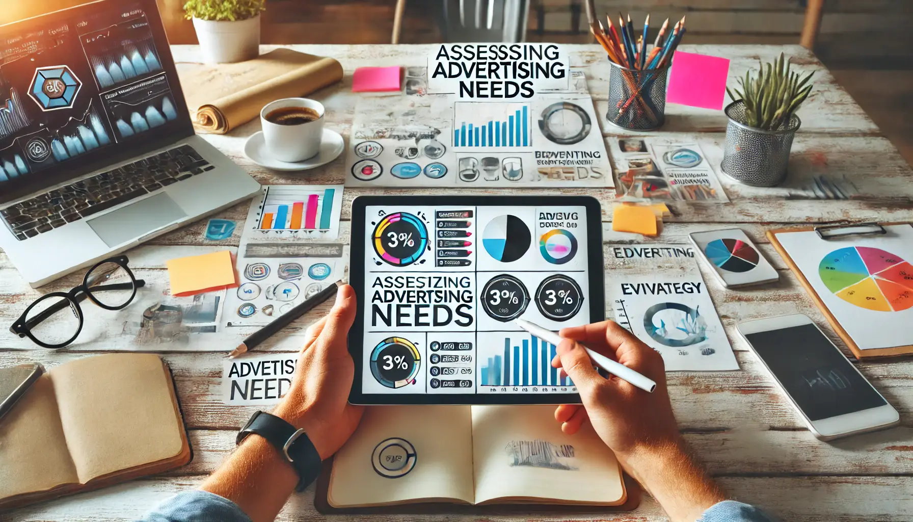 Professional workspace with a tablet displaying advertising metrics and a whiteboard with brainstorming notes in the background.