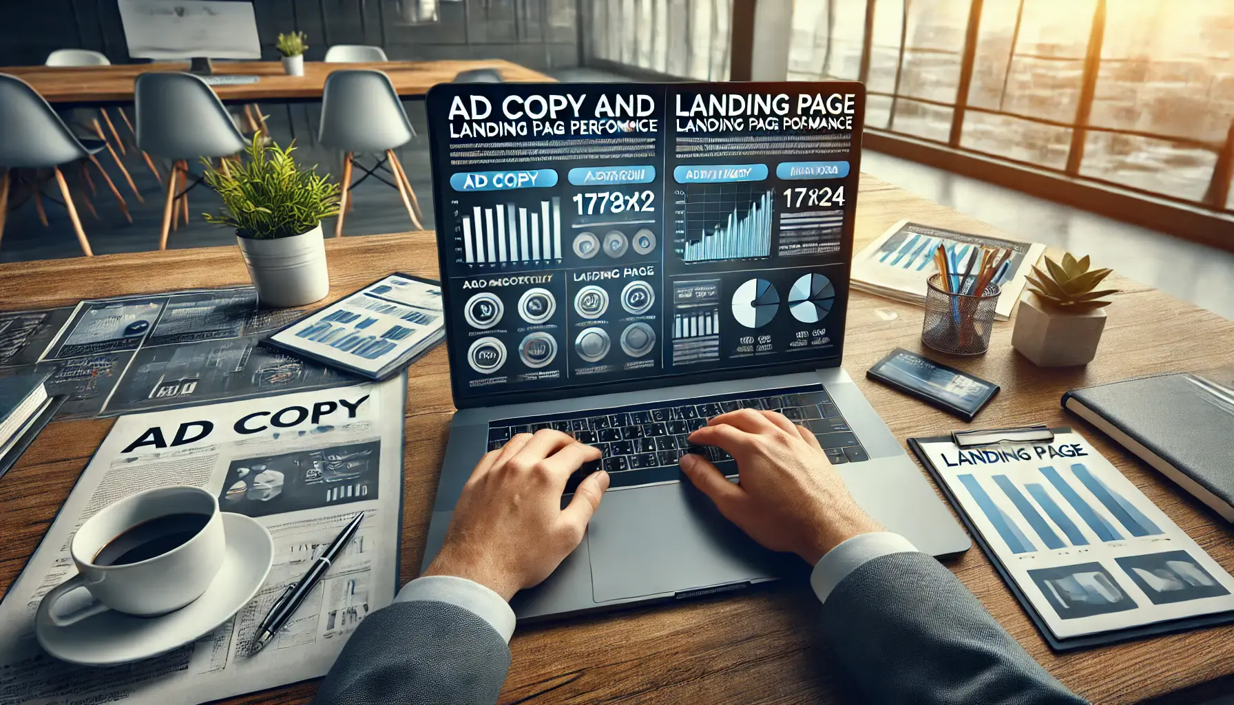 A digital marketer reviewing ad copy and landing page performance data on a laptop, with a notebook, pen, and coffee cup on the desk in a modern office setting.