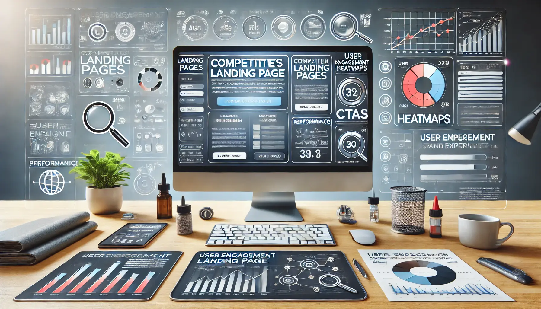 A professional workspace showing a computer screen with a sample landing page, heatmaps, and performance charts, surrounded by icons like a magnifying glass and a checklist.