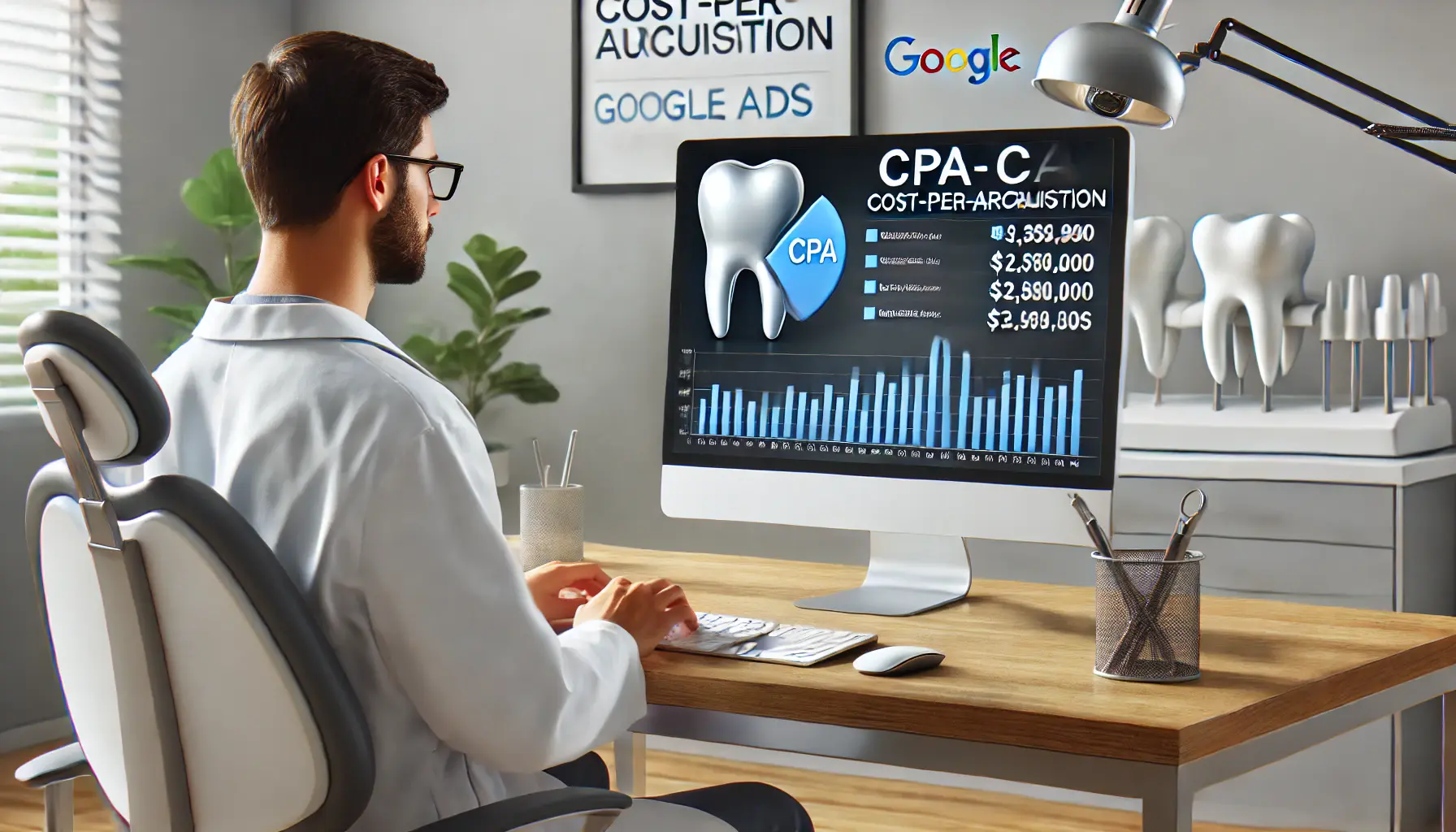 A dentist analyzing cost-per-acquisition (CPA) data on a computer screen for a Google Ads campaign in a modern office.