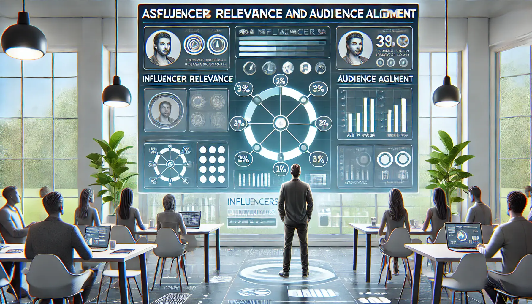 An illustration showing a marketer assessing influencer relevance and audience alignment with data visuals such as pie charts and graphs on a screen.