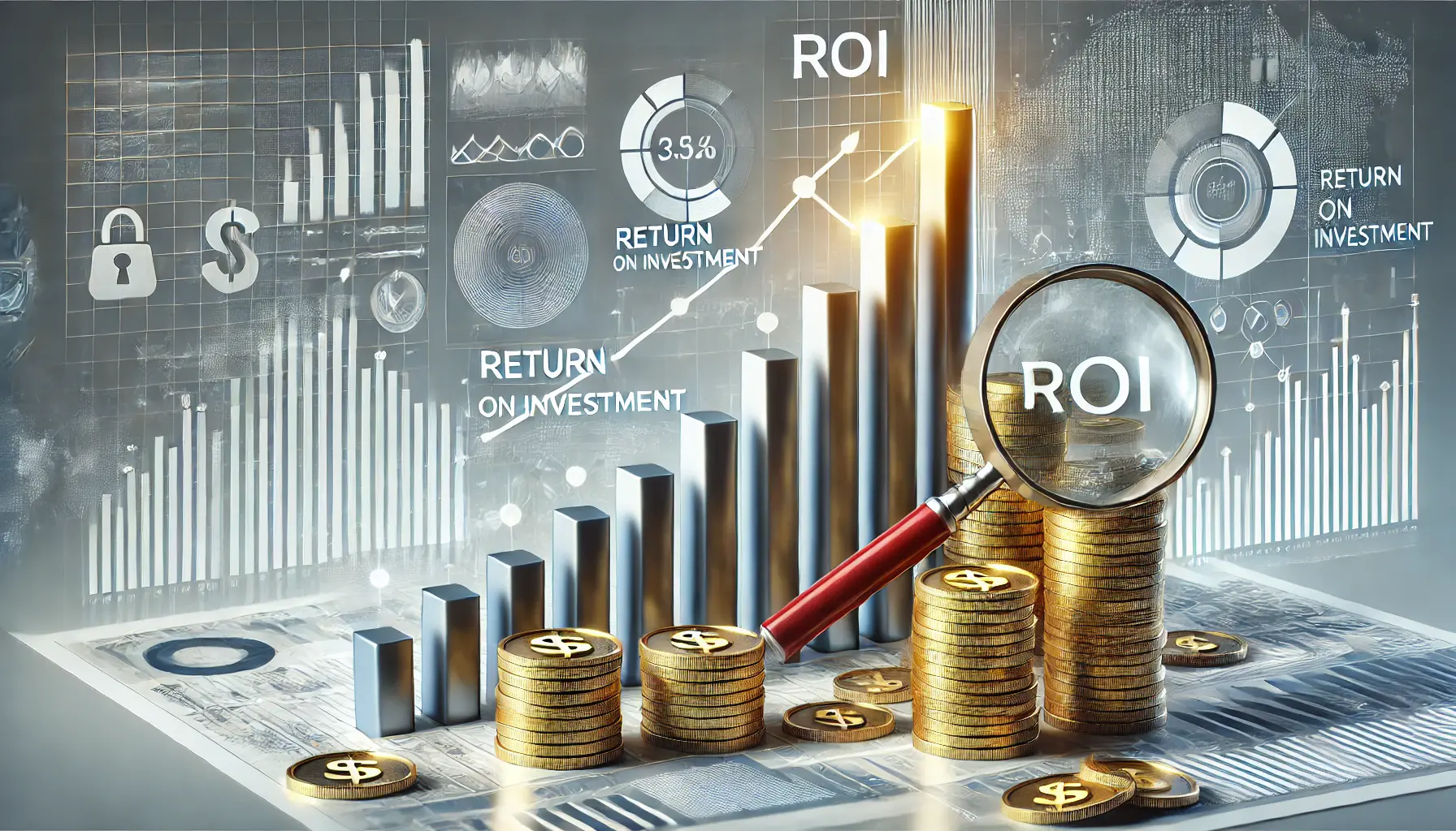 Illustration showing a bar chart with upward trends and coins representing ROI analysis in digital marketing.