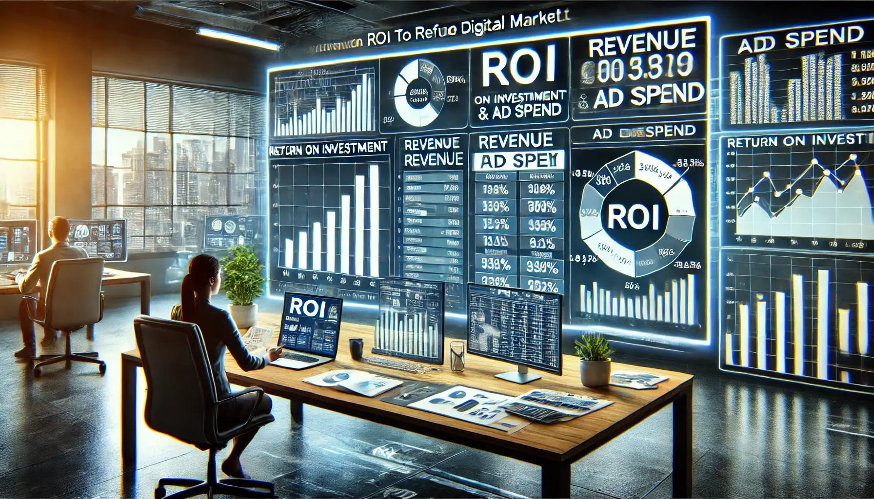 A marketer analyzing a digital dashboard displaying ROI, revenue, and ad spend metrics with performance graphs and charts.