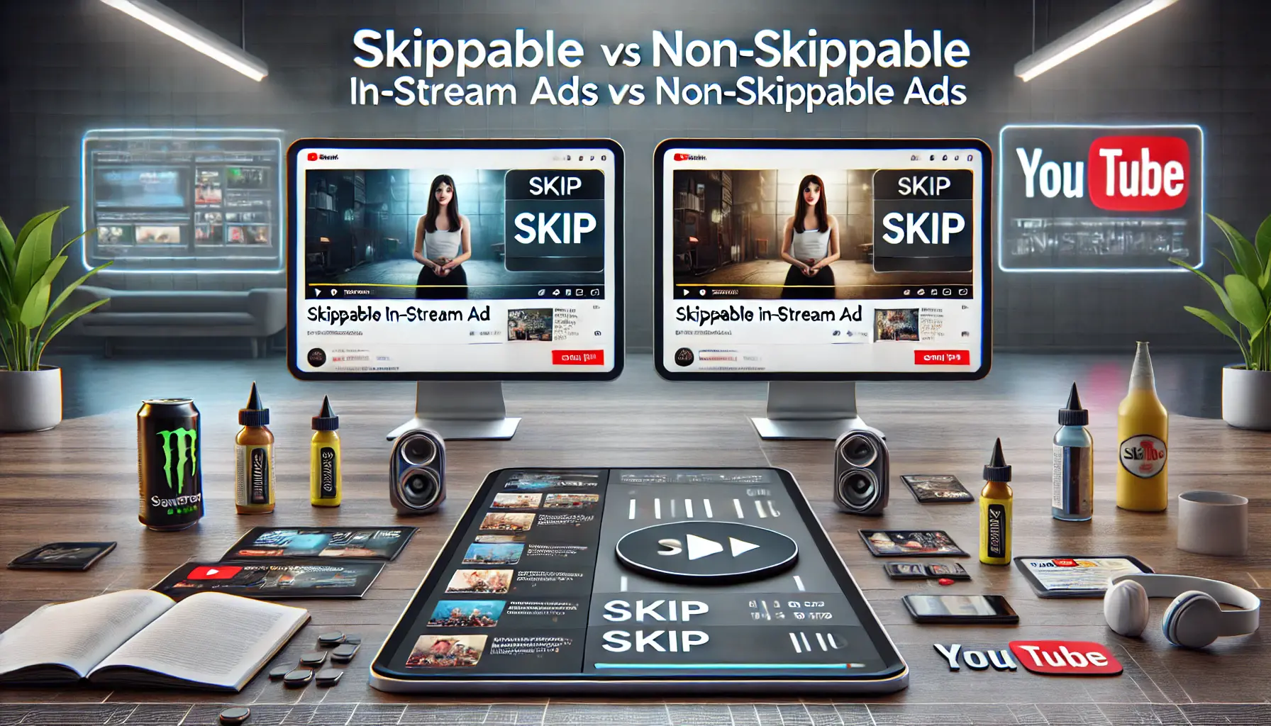 A visual comparison of skippable versus non-skippable ads, with one ad showing a skip button and the other showing an uninterrupted full-duration video.