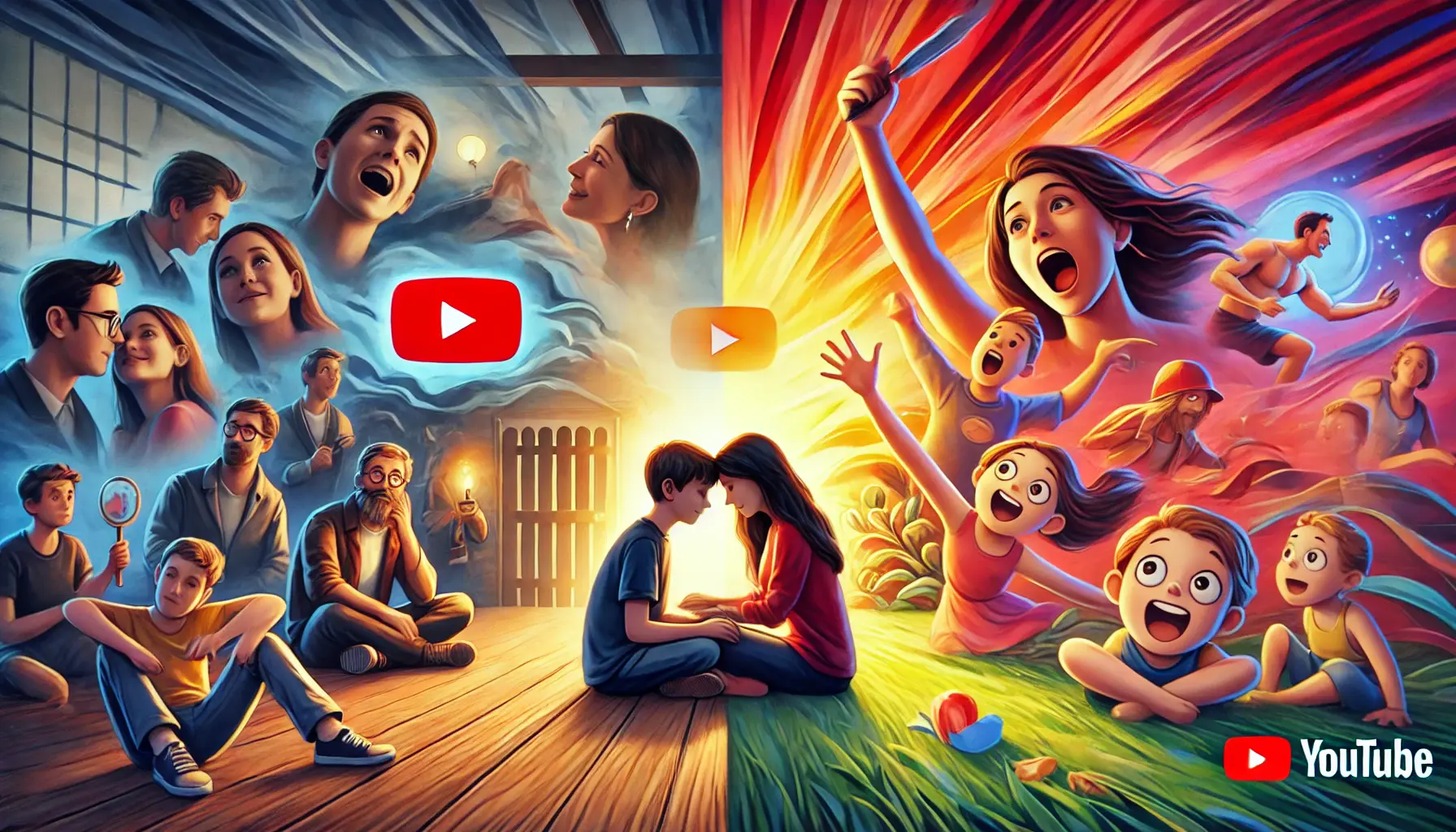 A visual representation of different storytelling methods for YouTube ads, with emotional storytelling on the left and humorous storytelling on the right.