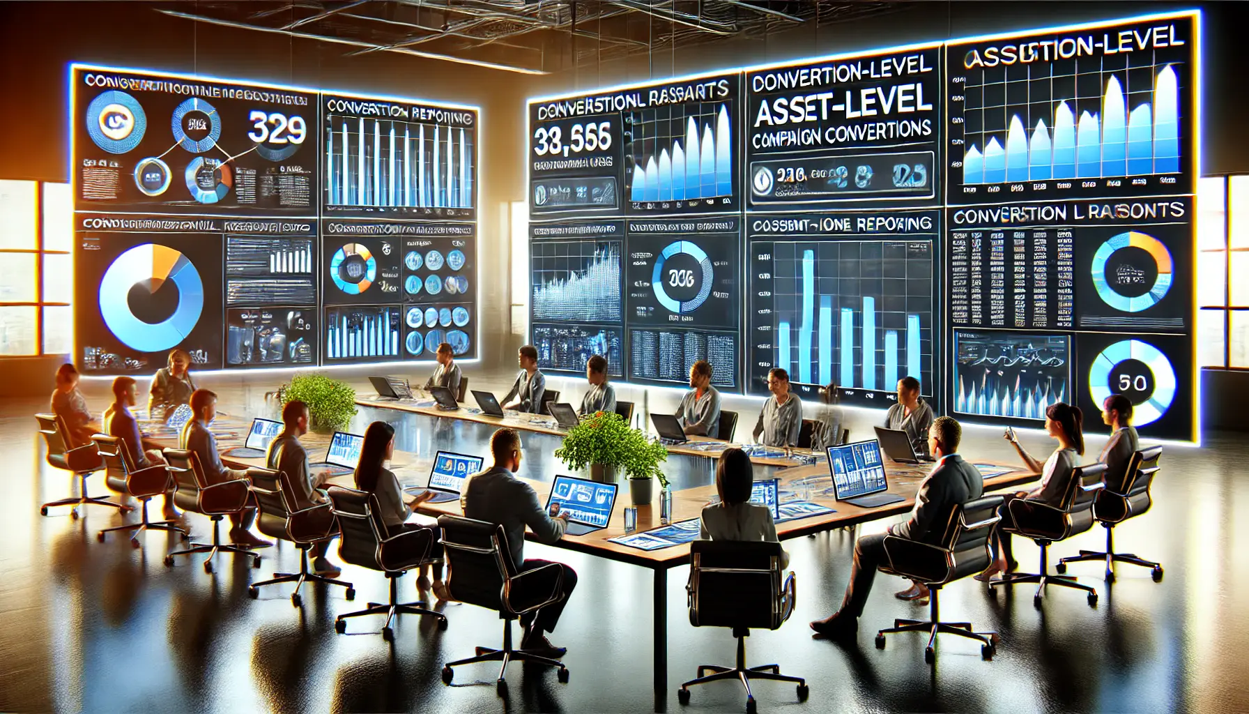 A digital marketing team analyzing asset-level reporting with conversion metrics displayed on large screens, focusing on the impact of individual assets.