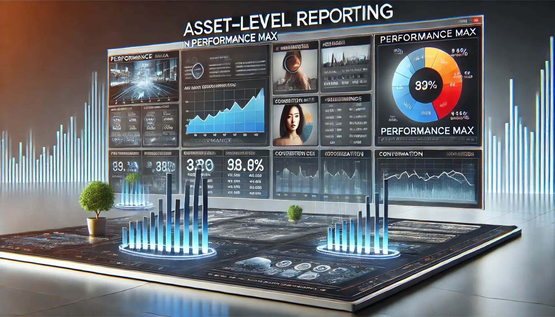 A digital dashboard displaying asset-level reporting with graphs and metrics for ad performance.