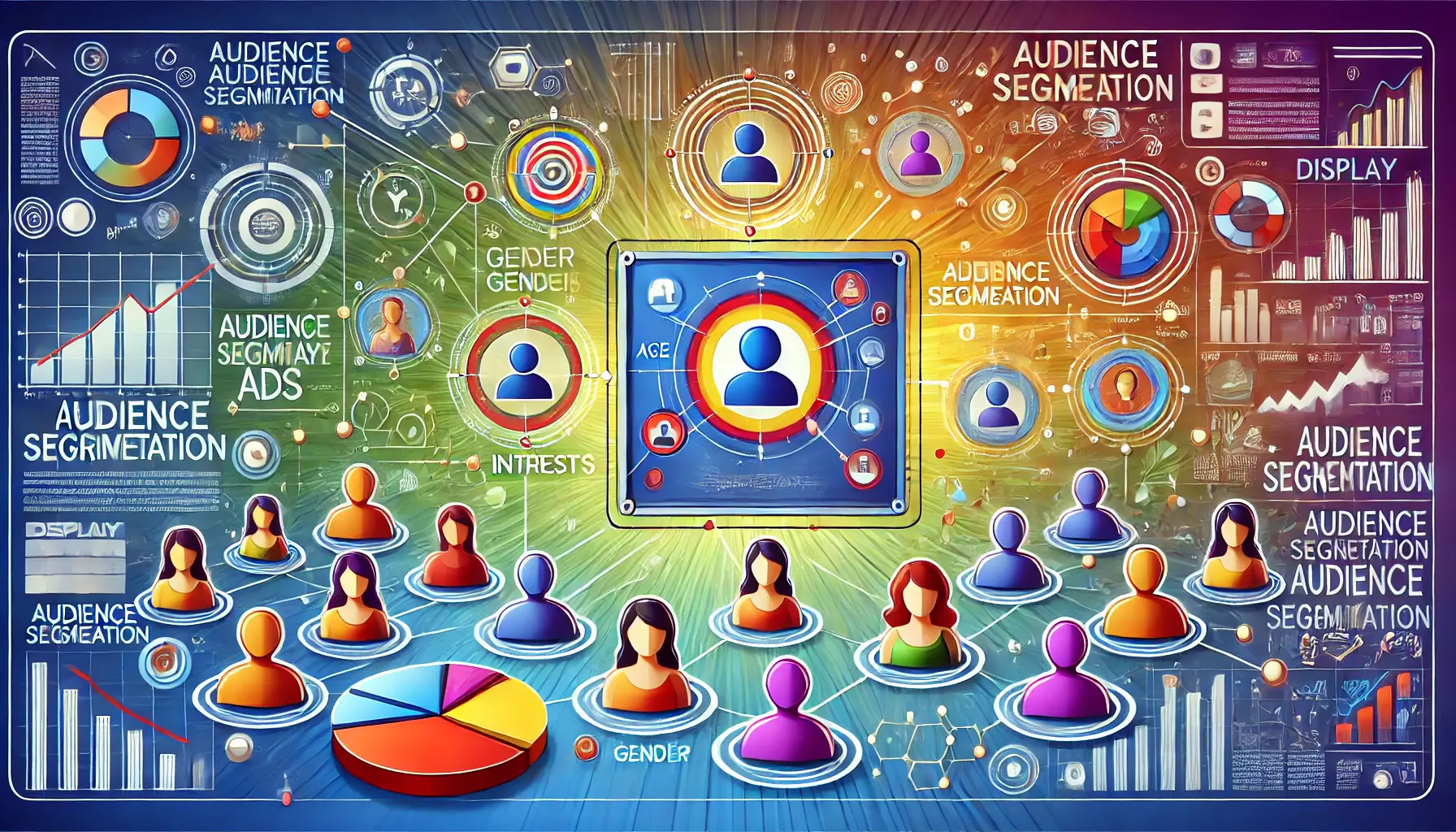 Illustration depicting audience segmentation for display ads with user personas and connected demographics.