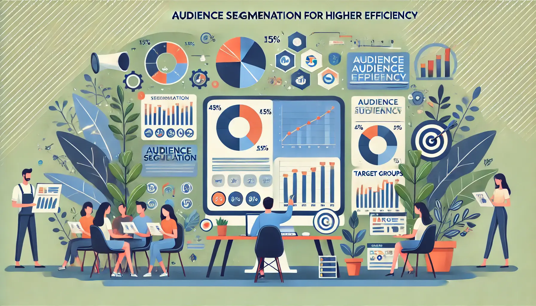 Illustration of a digital marketer analyzing audience segmentation data on a screen, surrounded by charts, graphs, and target groups.