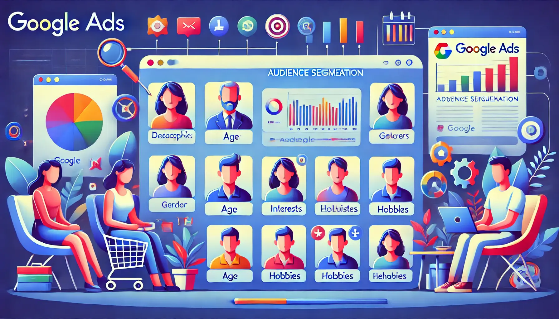 An illustration showing audience segmentation with various user profiles categorized by demographics, interests, and behaviors.