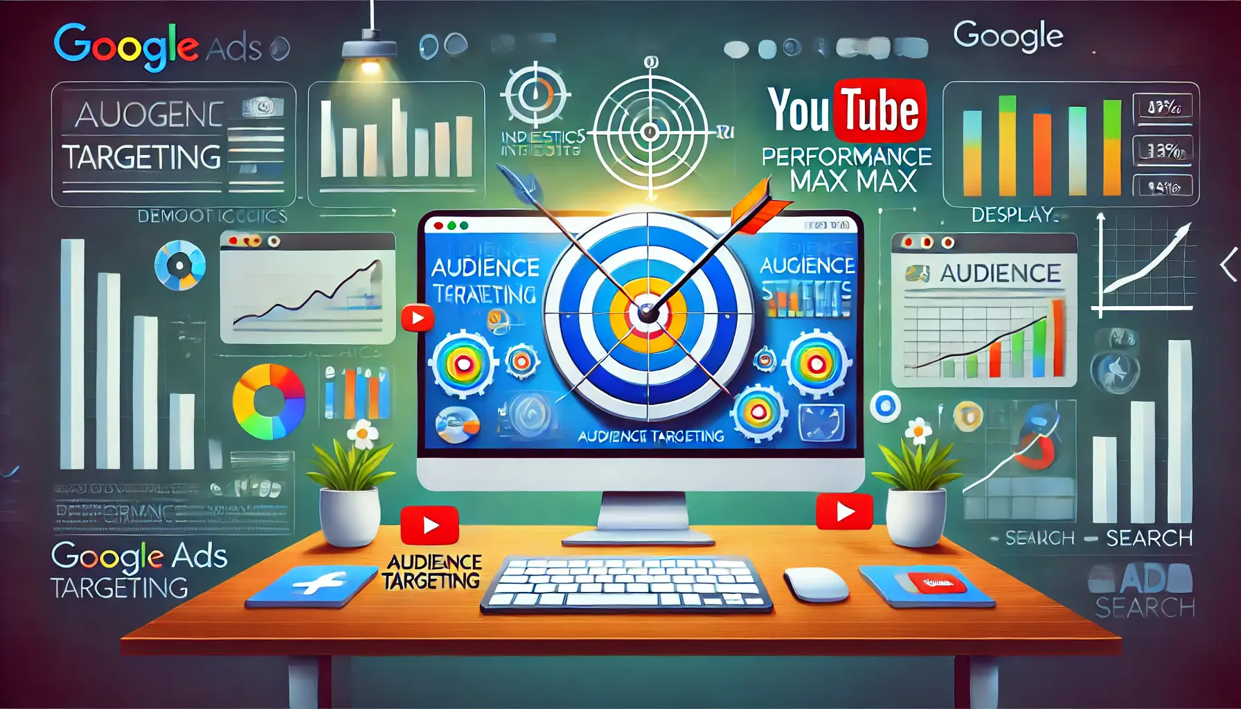 A professional illustration showing a digital dashboard with audience segments like demographics, interests, and behaviors, connected to a target symbol for Google Ads Performance Max campaigns.