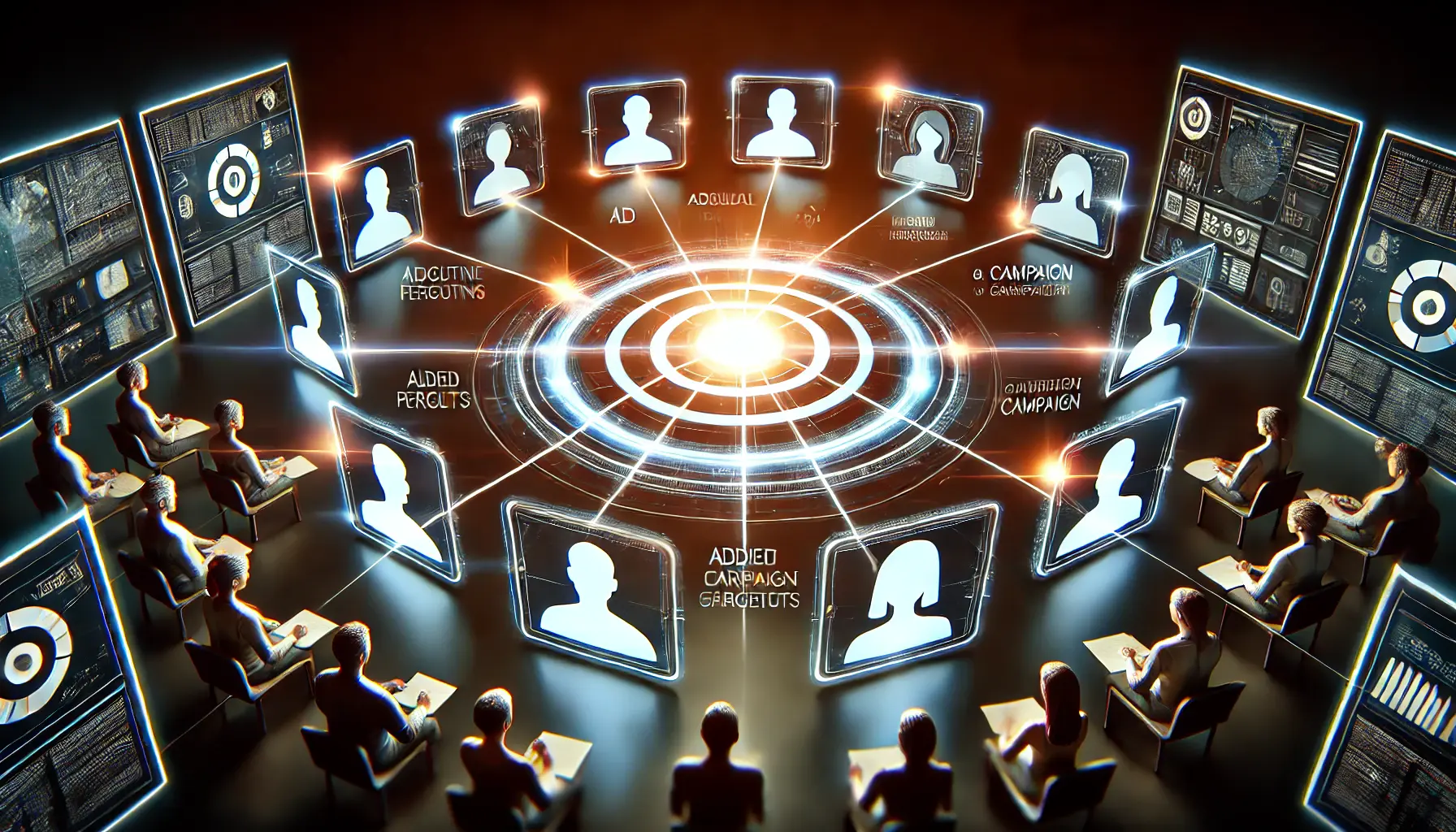 An image depicting user profiles or personas connected to a central ad target, representing the concept of audience targeting in digital advertising.