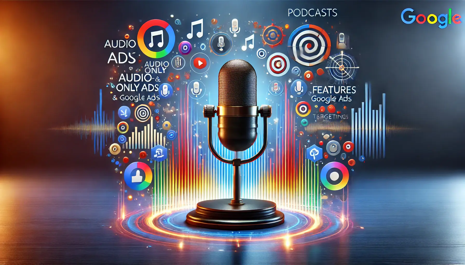 A digital illustration showing a microphone with colorful soundwaves, podcast icons, and digital marketing elements like targeting symbols and analytics, representing the concept of audio-only ads in Google Ads.