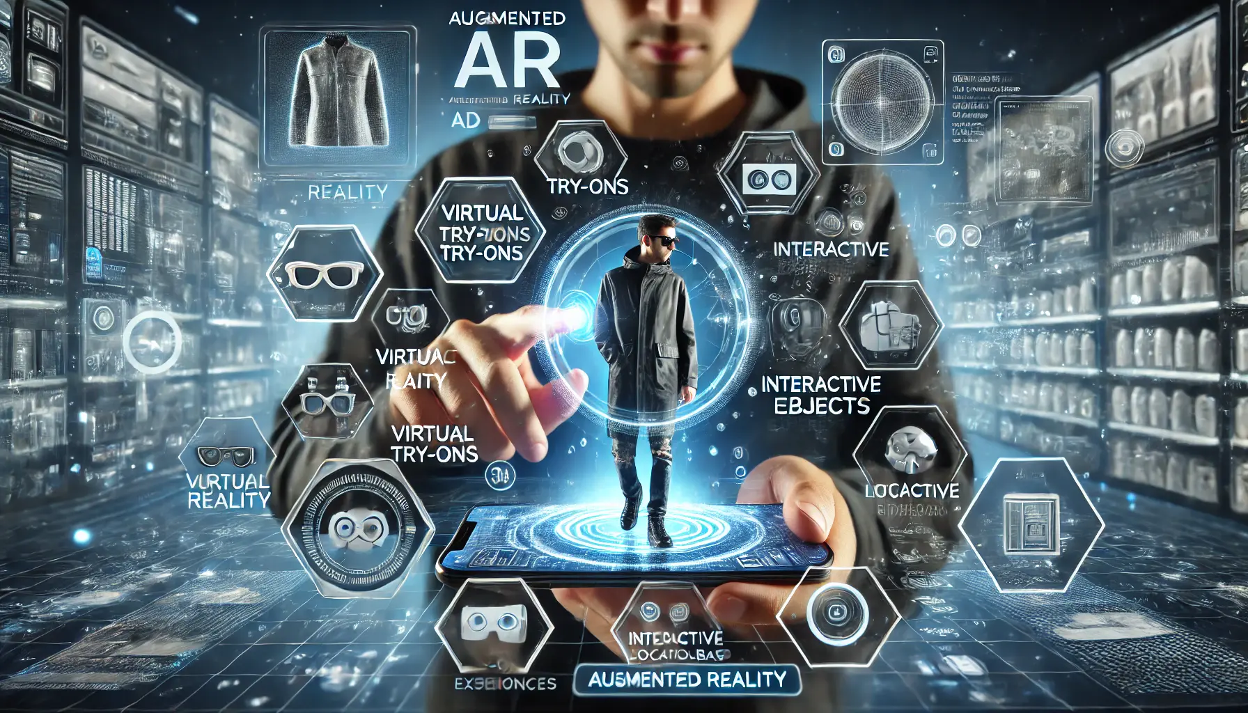 A digital concept showing a person using a smartphone with augmented reality (AR) technology, displaying interactive product visualizations and virtual try-ons.