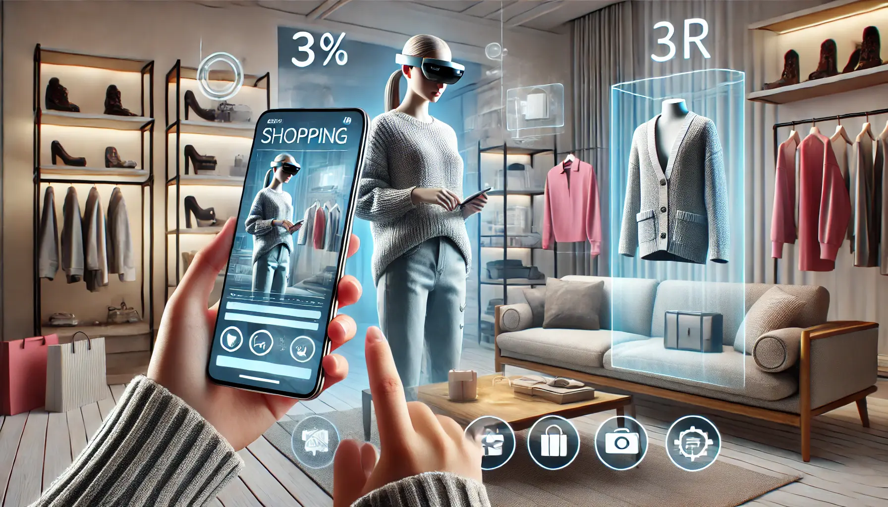 A user visualizing products in their real-world environment using augmented reality for shopping, such as trying on clothes or viewing furniture.