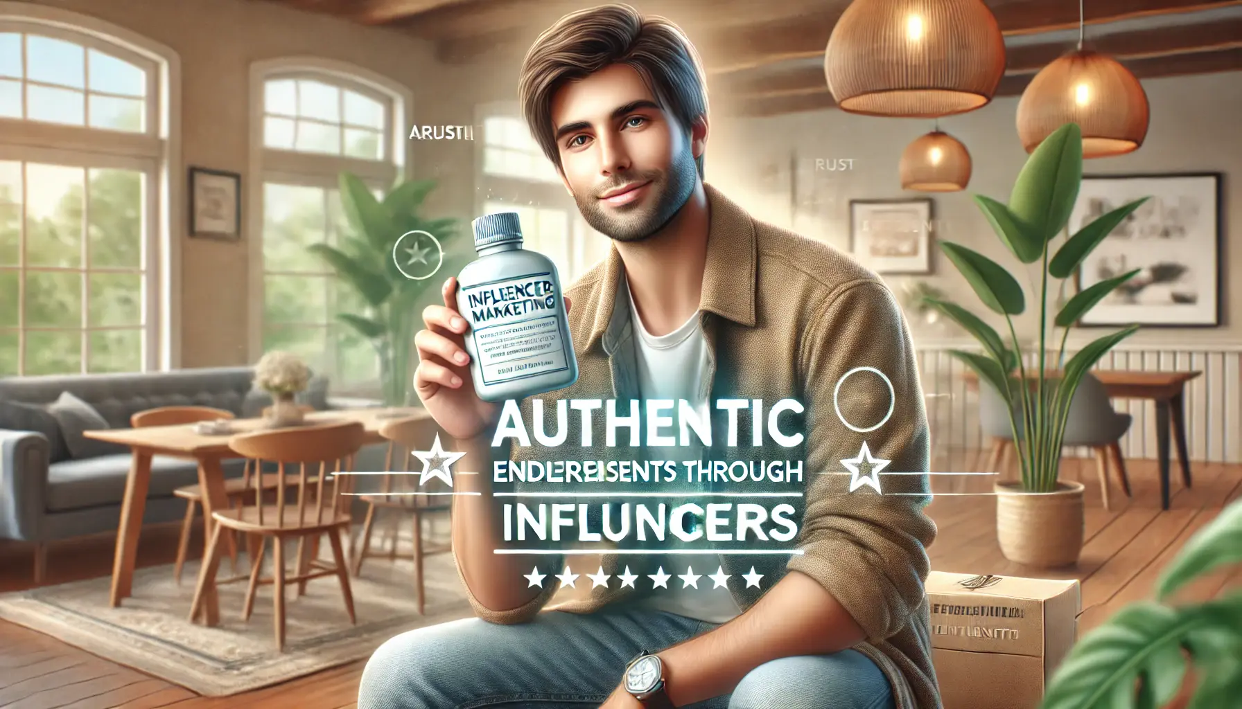 An influencer in a casual setting, authentically showcasing a product and creating a sense of trust and connection with their audience.