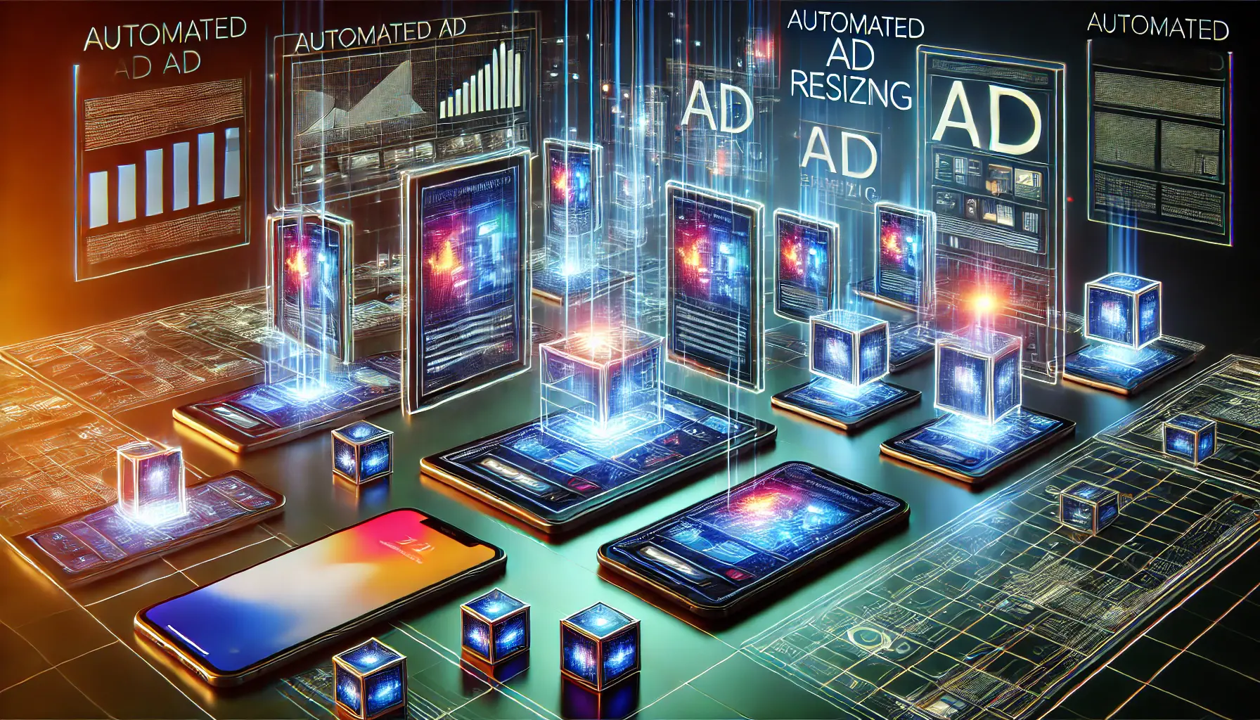 A futuristic depiction of automated ad resizing showing digital ads adapting seamlessly to various screen sizes across devices.