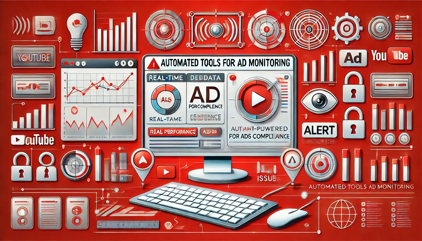 An image showing a computer screen displaying real-time ad performance data and an AI-powered tool scanning ads.