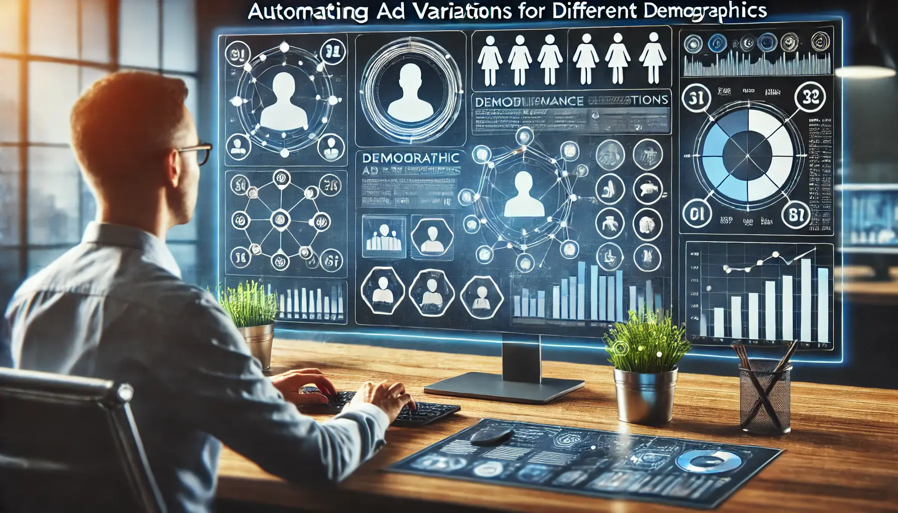 Professional analyzing ad performance with visuals of audience segments, demographic overlays, and ad variations.