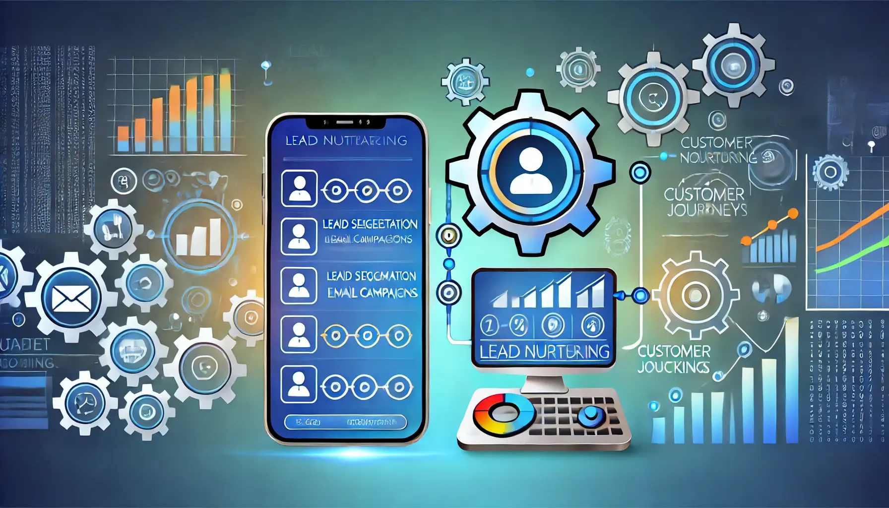 An image depicting automation of lead nurturing, with mobile and computer screens showing workflows, lead segmentation, and email campaigns.