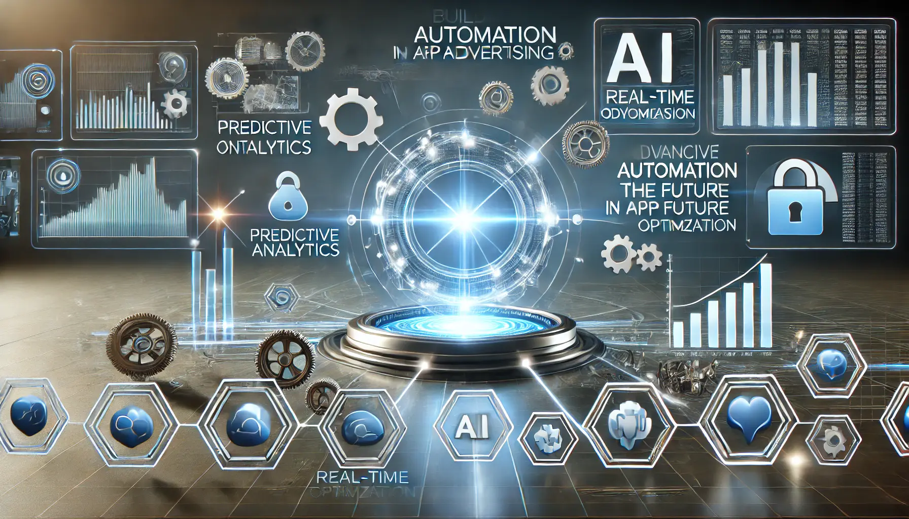 A futuristic digital interface featuring AI tools, predictive analytics, and glowing data flows, symbolizing the future of automation in app advertising.