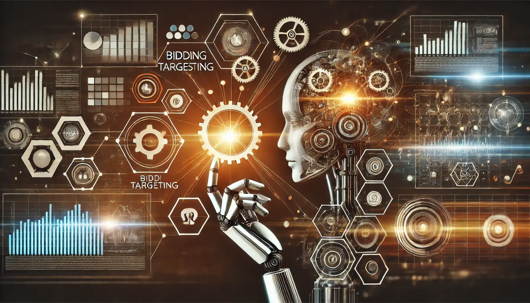 A visual representation of automation tools in digital advertising, showcasing automated bidding, targeting, and asset creation.