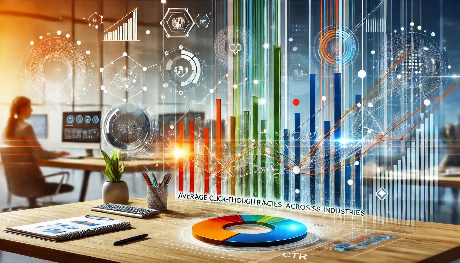 Line chart representing average click-through rates across industries like healthcare, e-commerce, and entertainment.