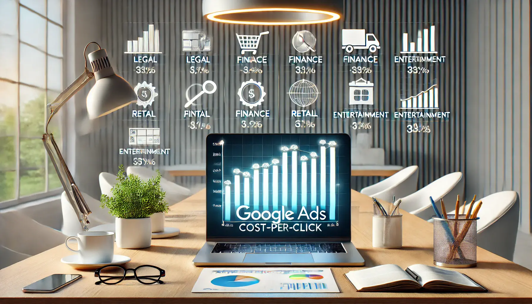 A digital marketing workspace showing a graph comparing ad costs across industries like legal, finance, retail, and entertainment.