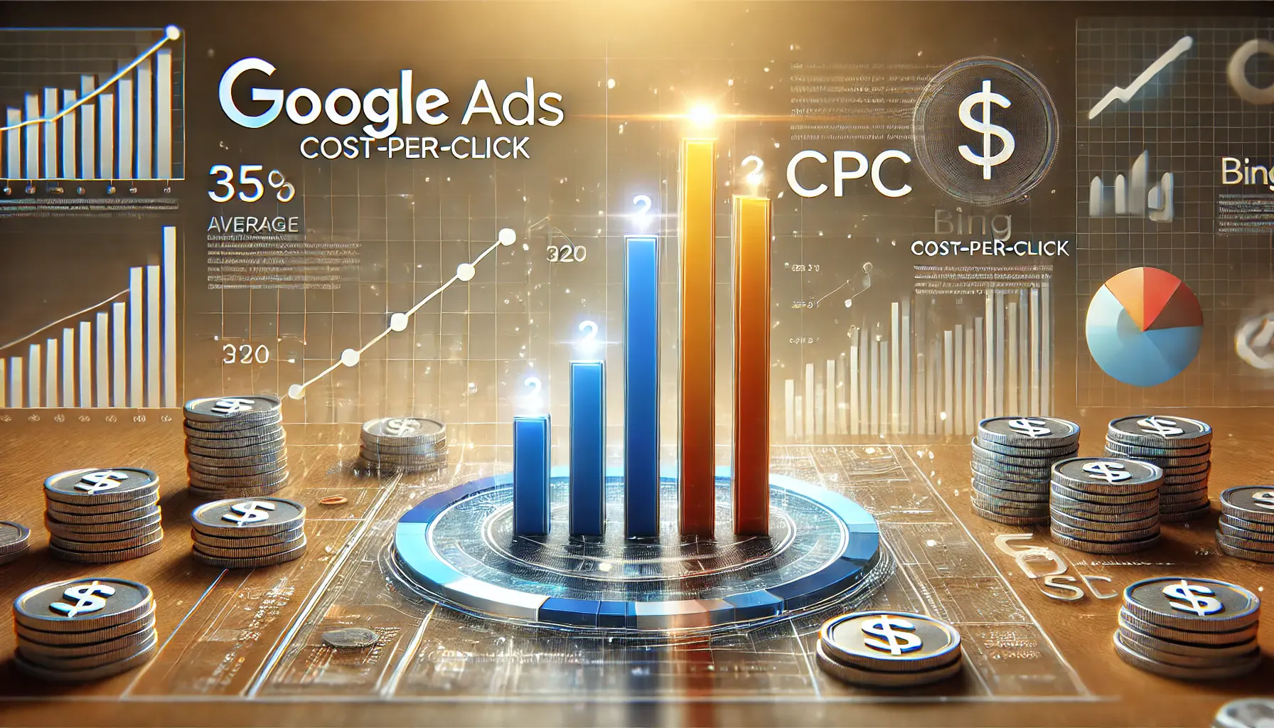 Illustration showing a bar chart comparing average CPC of Bing Ads and Google Ads with supporting financial graphics.