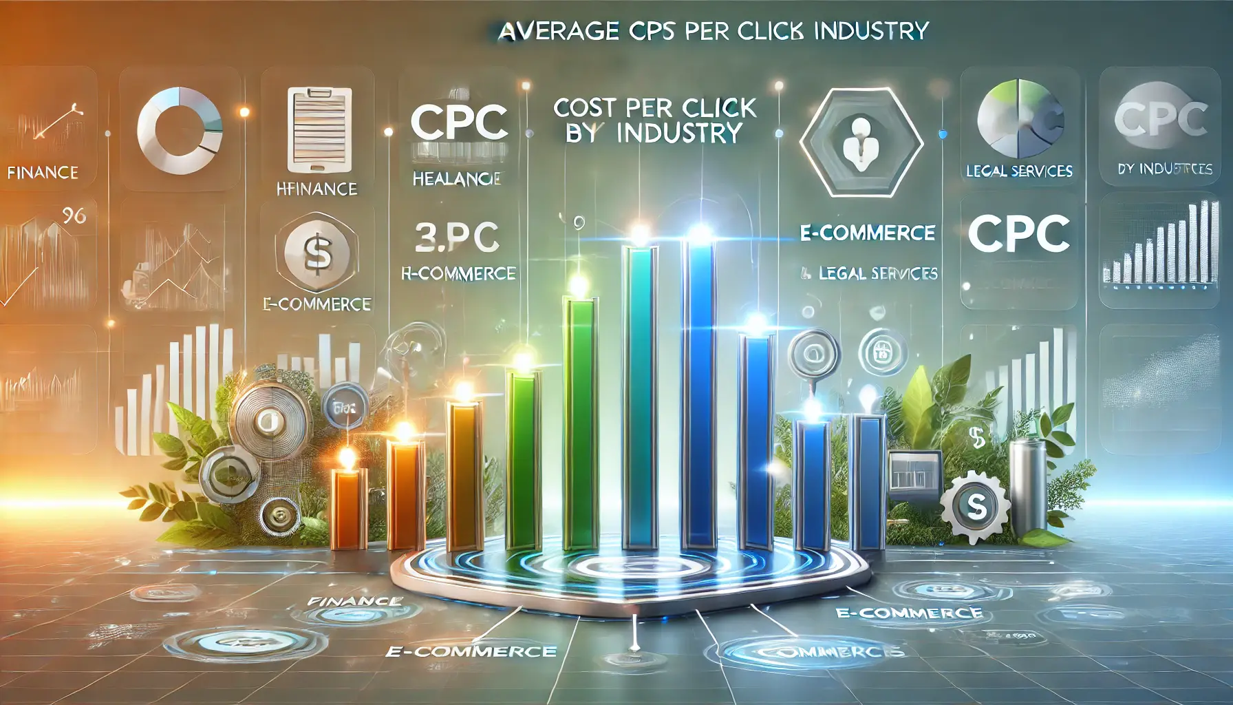 Bar chart comparing average CPC across industries like finance, healthcare, e-commerce, and legal services.