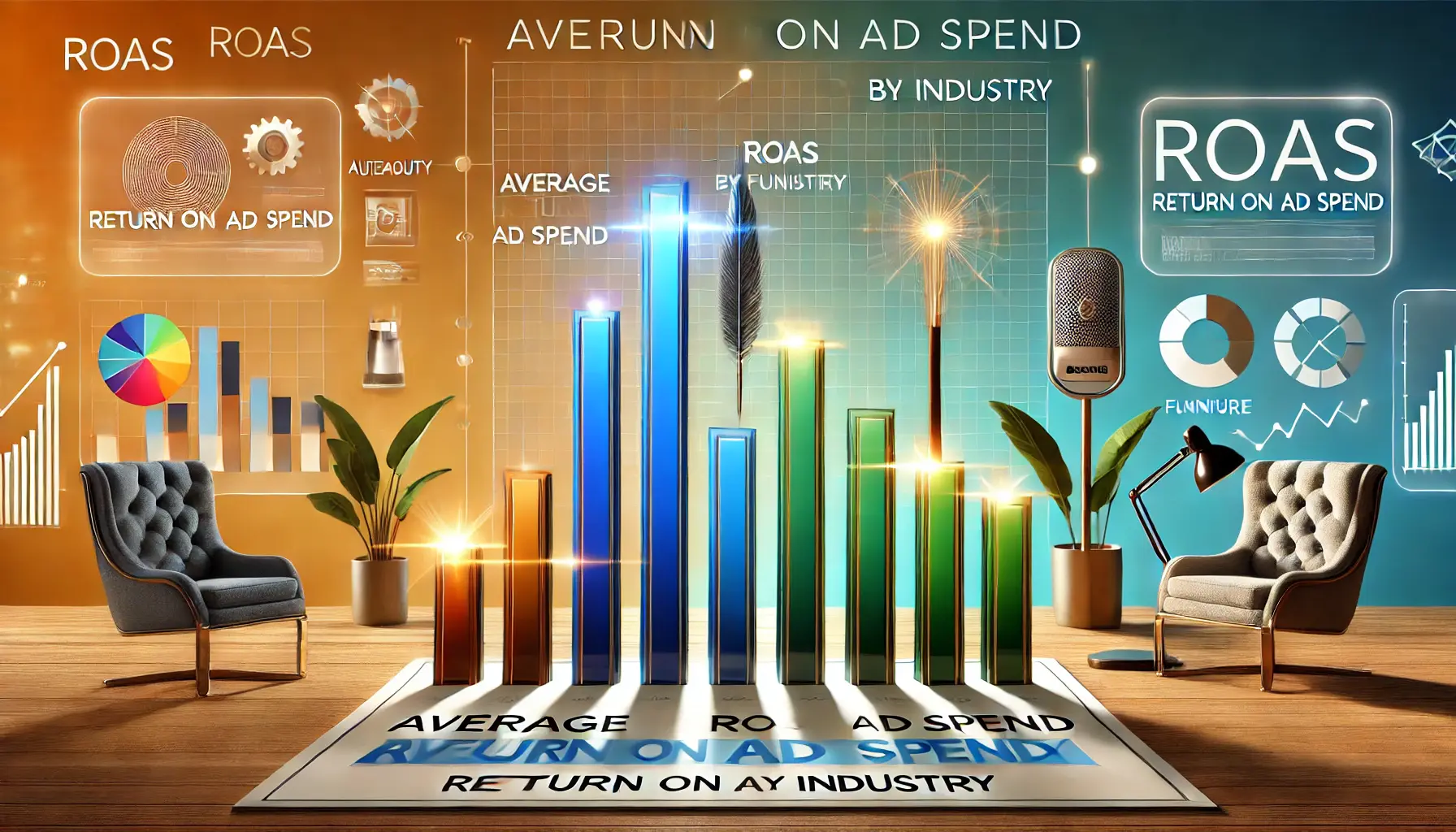 Bar chart comparing average ROAS benchmarks across industries like automotive, beauty, and furniture.