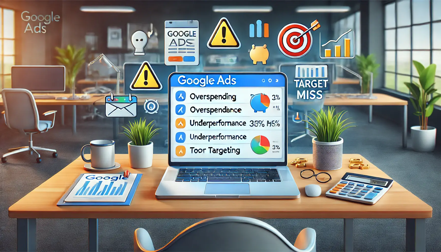 A digital workspace with a laptop displaying a Google Ads dashboard, surrounded by warning icons symbolizing mistakes like overspending, poor targeting, and underperformance.