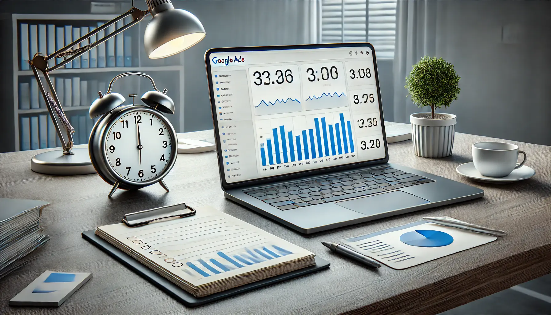 A professional workspace with a laptop displaying steady Google Ads performance data, a clock representing stability, and a notepad highlighting gradual adjustments.