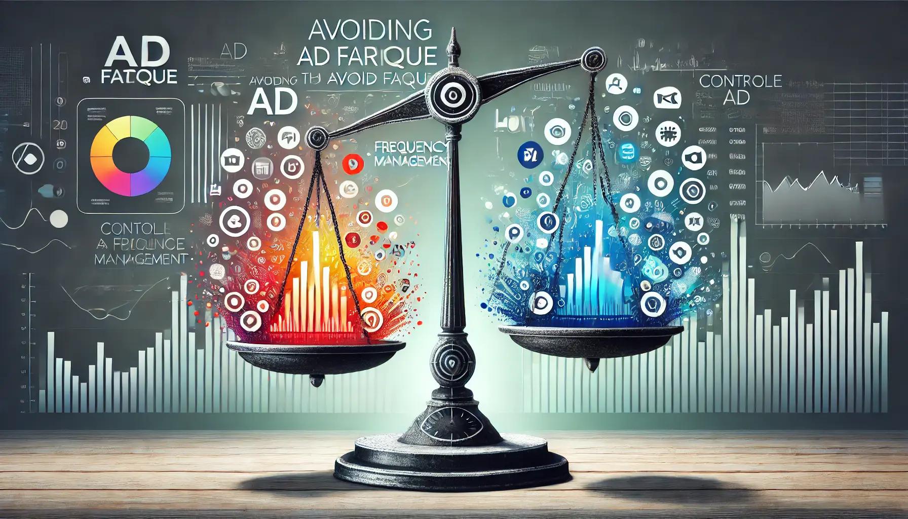 Abstract image showing a balance scale with vibrant visuals on one side and muted overexposed elements on the other, symbolizing ad fatigue management.